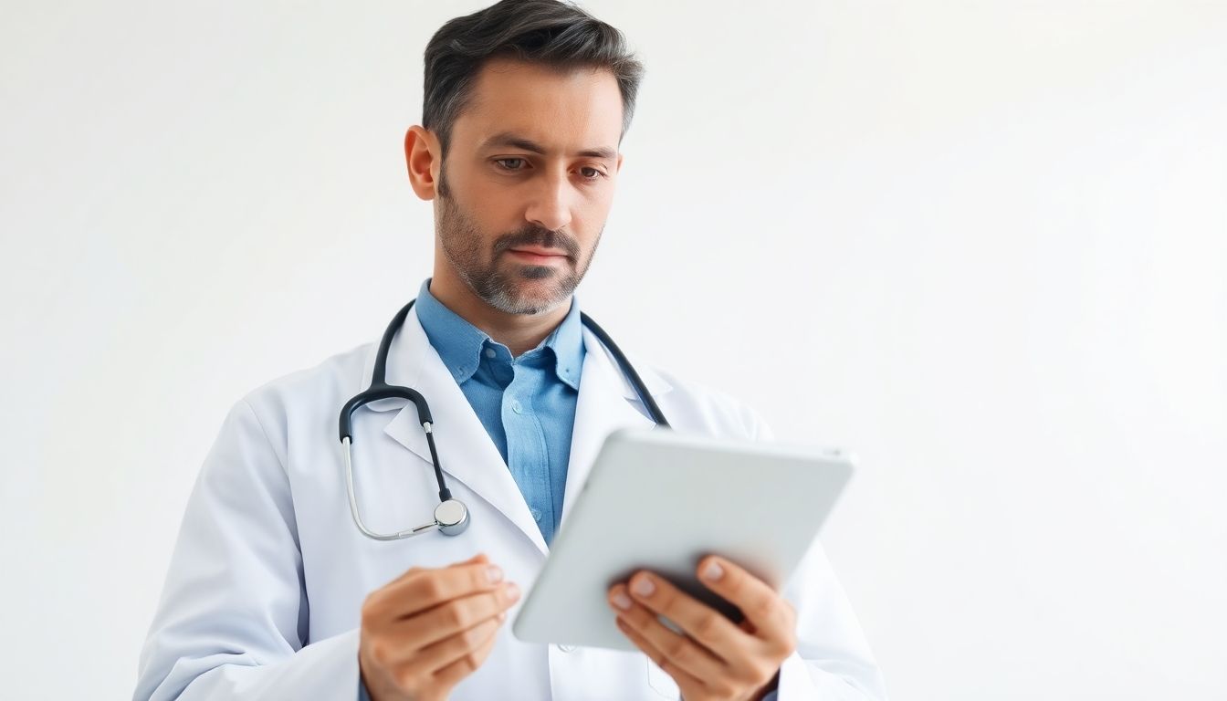 Diagnose von Anthrax: Doctor with tablet in a bright medical environment.
