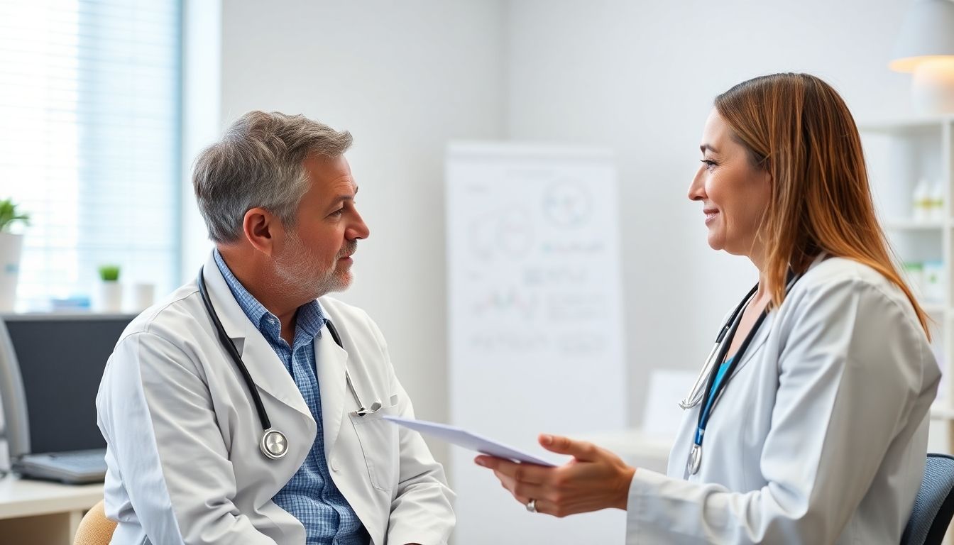 Behandlung von Arzneimittelexanthemen: Doctor and patient in a bright medical practice.