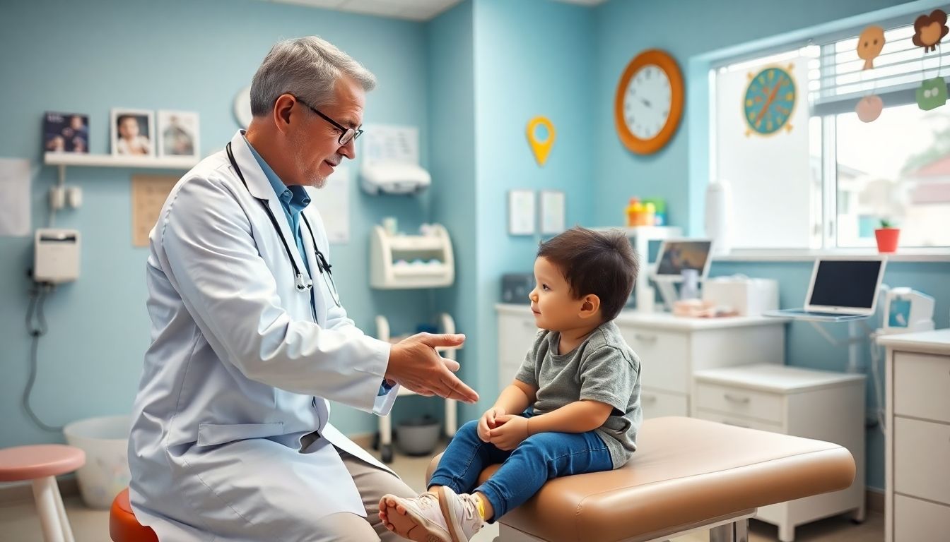 Arzneimittelexanthem im Kindesalter: Pediatrician and child in a bright clinic setting.