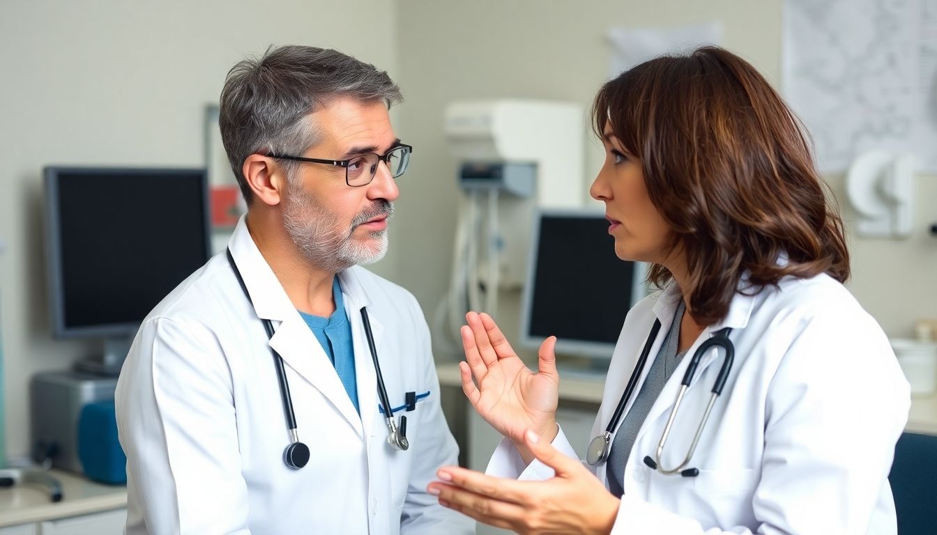 Übertragungswege des Adenovirus: Doctor discussing adenovirus with a concerned patient.