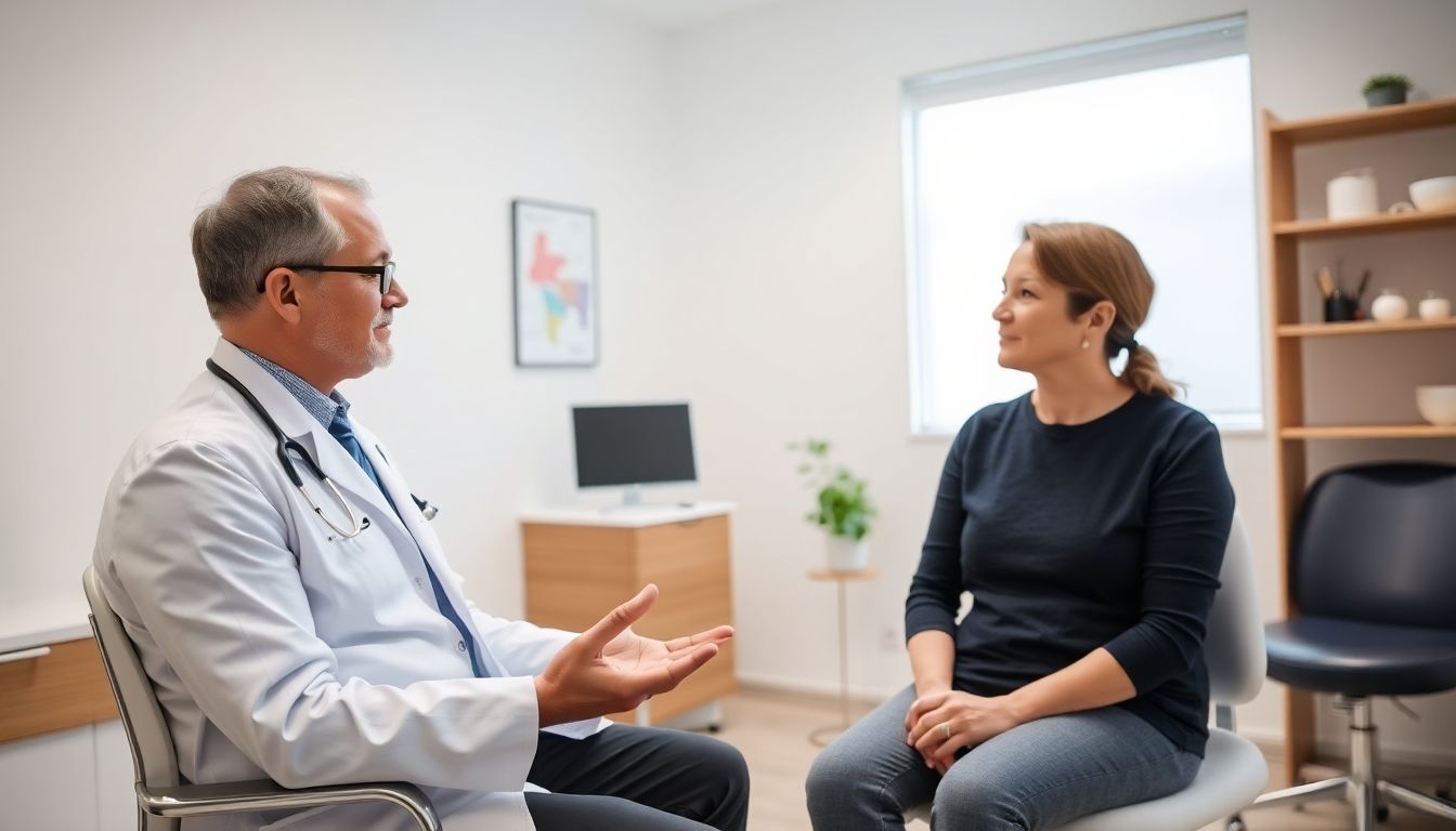 Doctor and patient in a bright practice room.