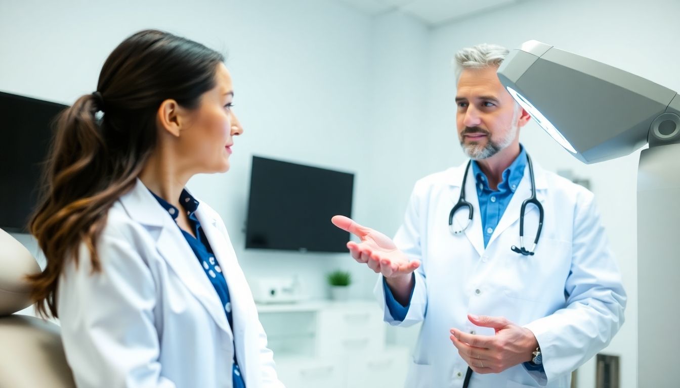 UV-Lichttherapie: Dermatologist consulting with a patient about skin treatment.