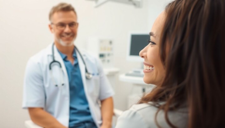 Hautkrebsscreening: Patient smiling in a bright doctor's office.