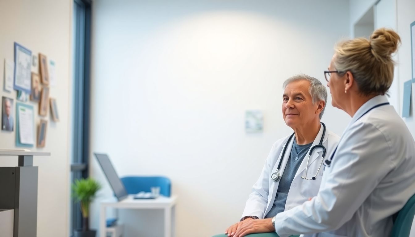 Myelofibrose: Doctor and patient discussing in a bright medical office.