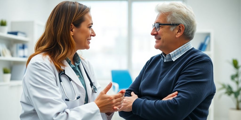 Myelofibrose und andere Blutkrankheiten: Patient und Arzt in einer hellen Arztpraxis.