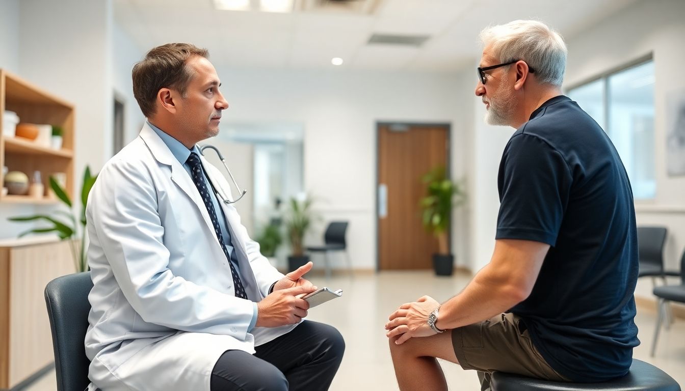 Meniskusriss und andere Verletzungen: Doctor consulting with patient about knee issues in clinic.