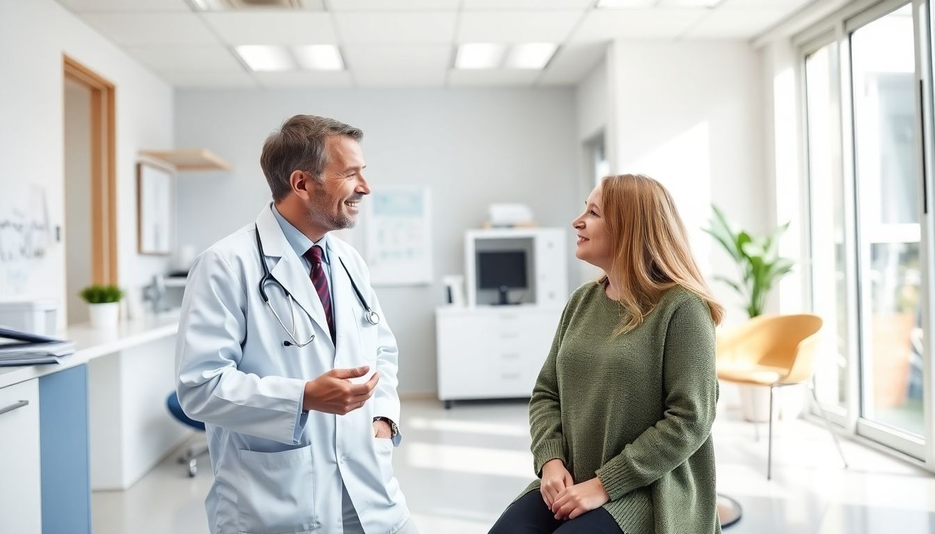 Morbus Basedow: Doctor and patient in a bright medical office.