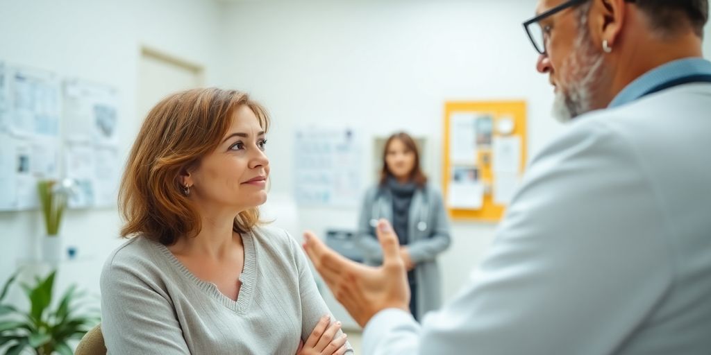 Tipps für den Alltag mit Morbus Basedow: Patient und Arzt in einer hellen Arztpraxis.