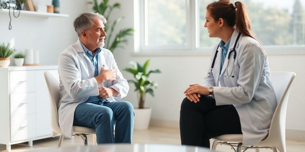 orthostatischen Hypotonie: Patient und Arzt im Gespräch in einer Arztpraxis