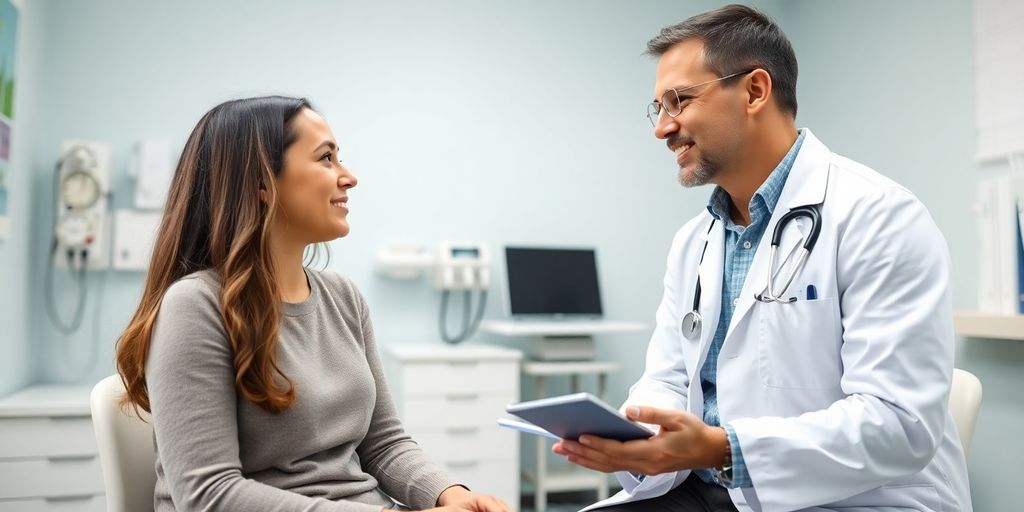 Mukoviszidose: Patient und Arzt in einer hellen Arztpraxis.