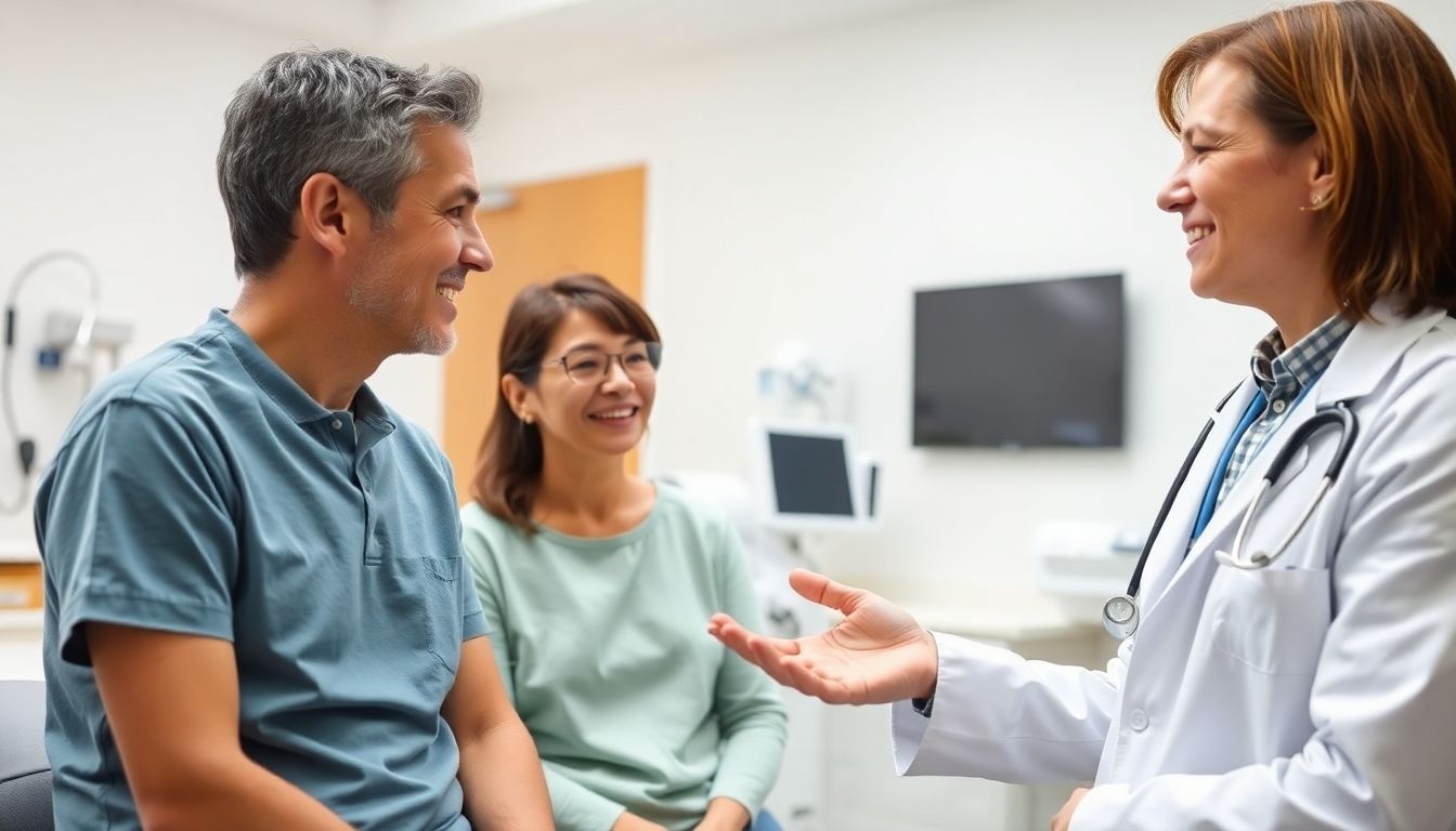 Mukoviszidose bei Erwachsenen: Doctor and patient consultation in a bright clinic.