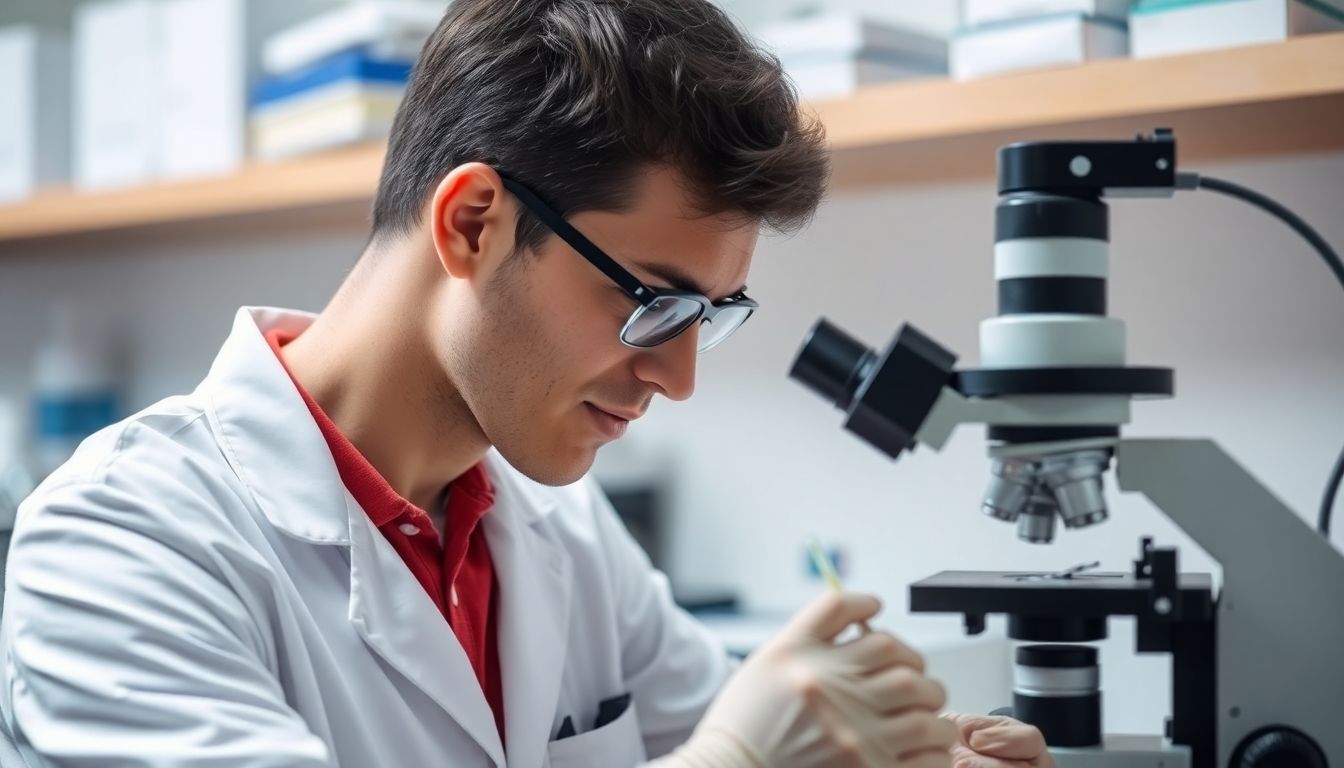 Diagnose von Tungiasis: Doctor examining skin samples for Tungiasis in lab.