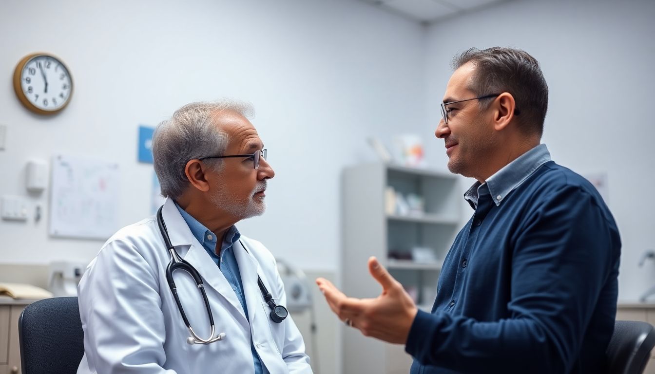 Myasthenia gravis und alternative Therapien: Doctor and patient in a bright medical office.