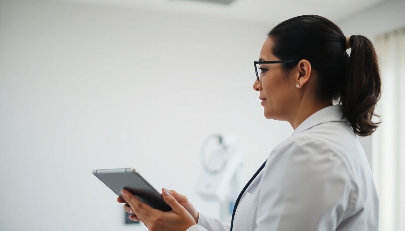 Diagnose der Netzhautablösung: Doctor with tablet in a bright medical office.