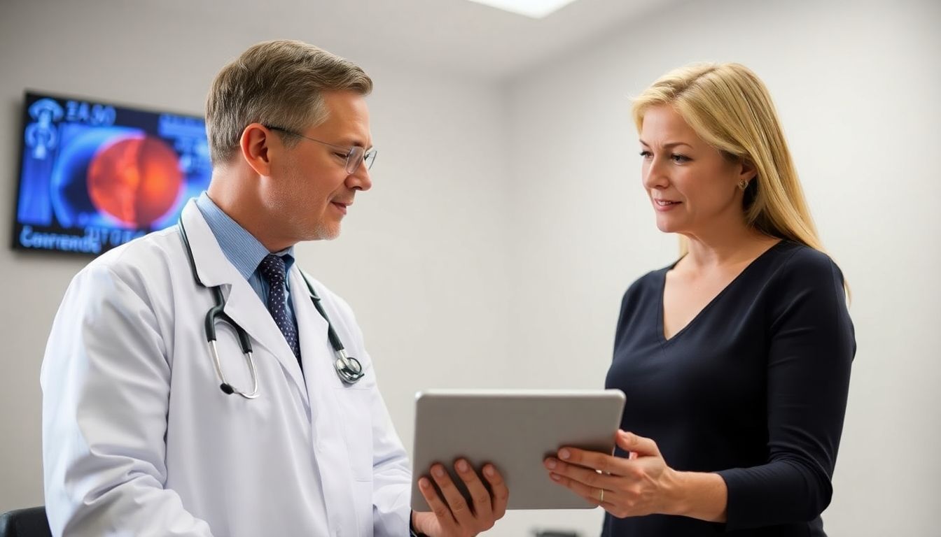 Psychologische Aspekte der Netzhautablösung: Doctor consulting about retinal detachment with a tablet.