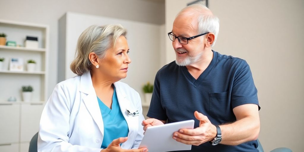 Oberschenkelhalsbruch: Patient und Arzt in heller medizinischer Praxis