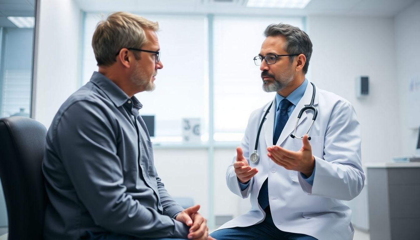 Medikamentöse Behandlung von Ösophagusvarizen: Doctor and patient in a bright medical office.