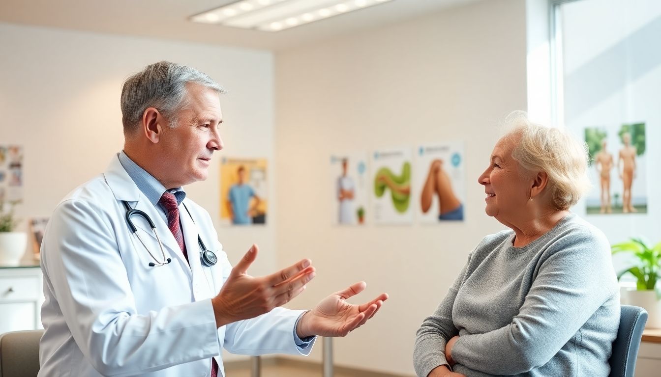 Chirurgische Optionen bei Meniskusdegeneration: Doctor and patient consultation in a bright clinic.