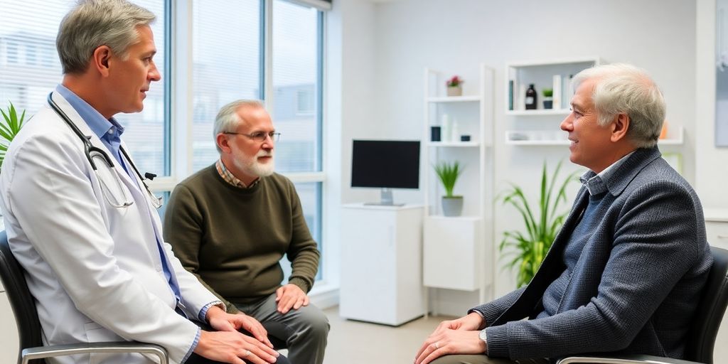 Meniskusdegeneration und Alter: Patient und Arzt in heller medizinischer Praxis.