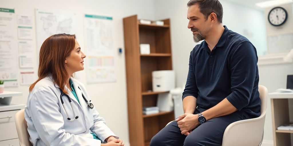 Ursachen der Mononukleose:Patient und Arzt in einer hellen Arztpraxis.