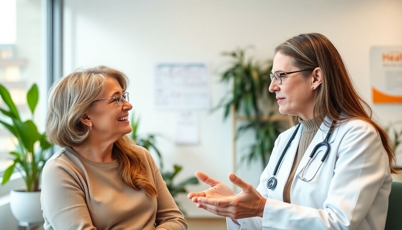 Nebenniereninsuffizienz im Alter: Doctor and patient in a bright medical office.