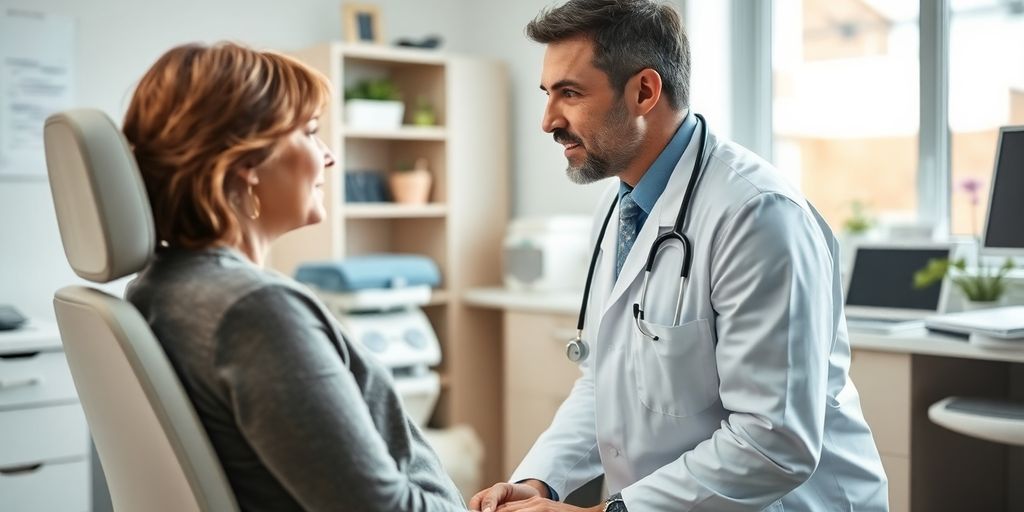 Morbus Bechterew: Patient und Arzt im Beratungsgespräch in der Praxis.