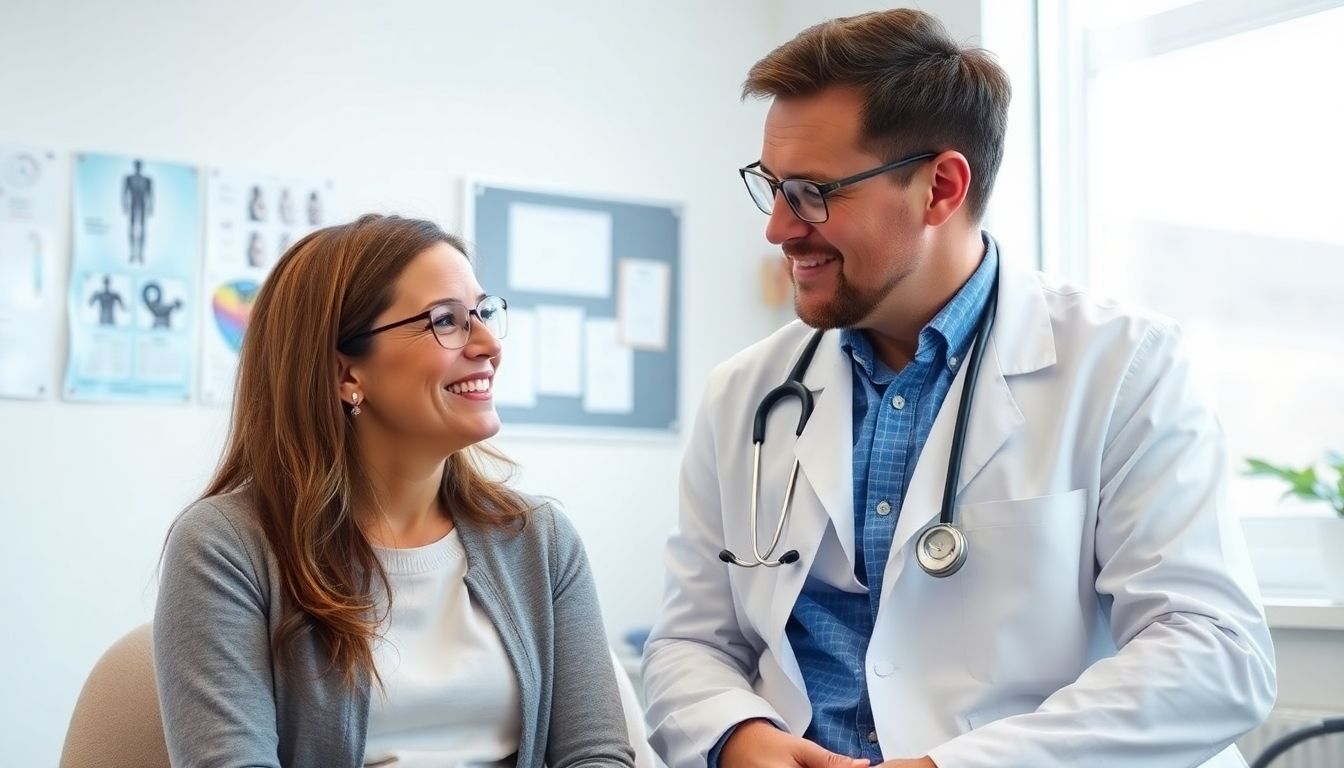 Komplikationen von Morbus Bechterew: Doctor and patient in a bright medical office.