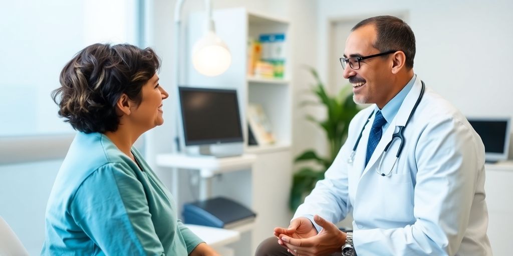 Mundhöhlenkrebs und Lebensqualität: Patient und Arzt in einer hellen Arztpraxis.