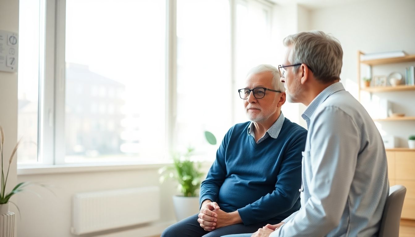 Narkolepsie: Doctor and patient in a bright medical office.