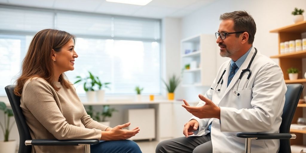 Patient und Arzt im Gespräch über Narkolepsie und Ernährung.