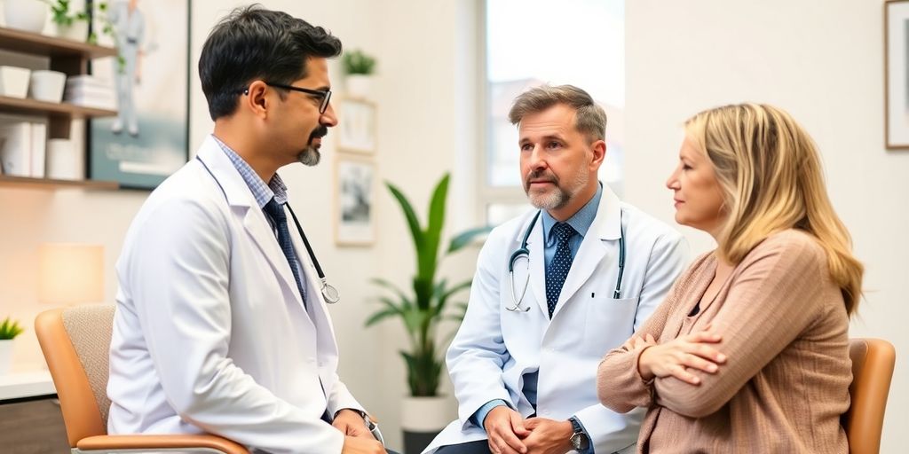 O-Beine und die Rolle der Familie: Patient und Arzt in einer hellen Praxis bei Beratung.