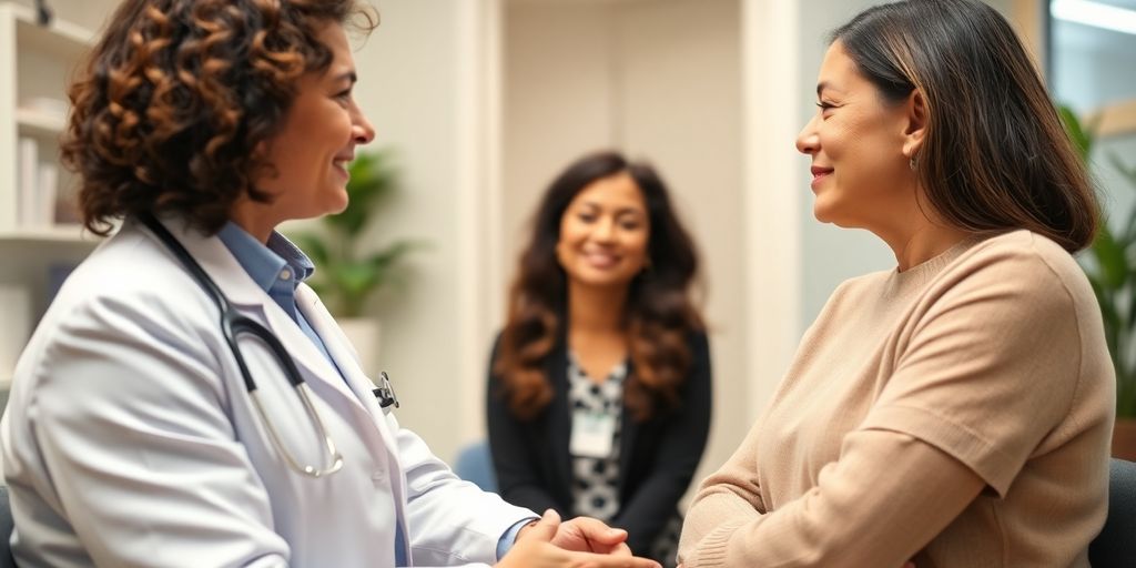 Chirurgische Optionen für Hidradenitis suppurativa: Patient und Arzt im hellen medizinischen Raum.