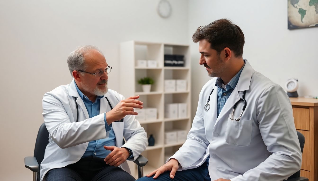 Arzt und Patient besprechen Wundauflagen in heller Praxis.