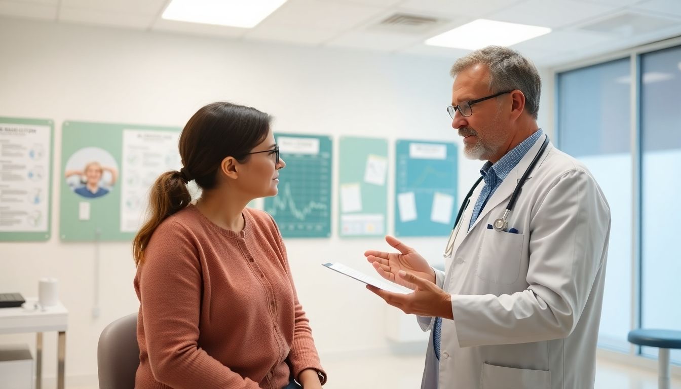Diagnose von Morbus Scheuermann: Doctor and patient consultation in a bright clinic.