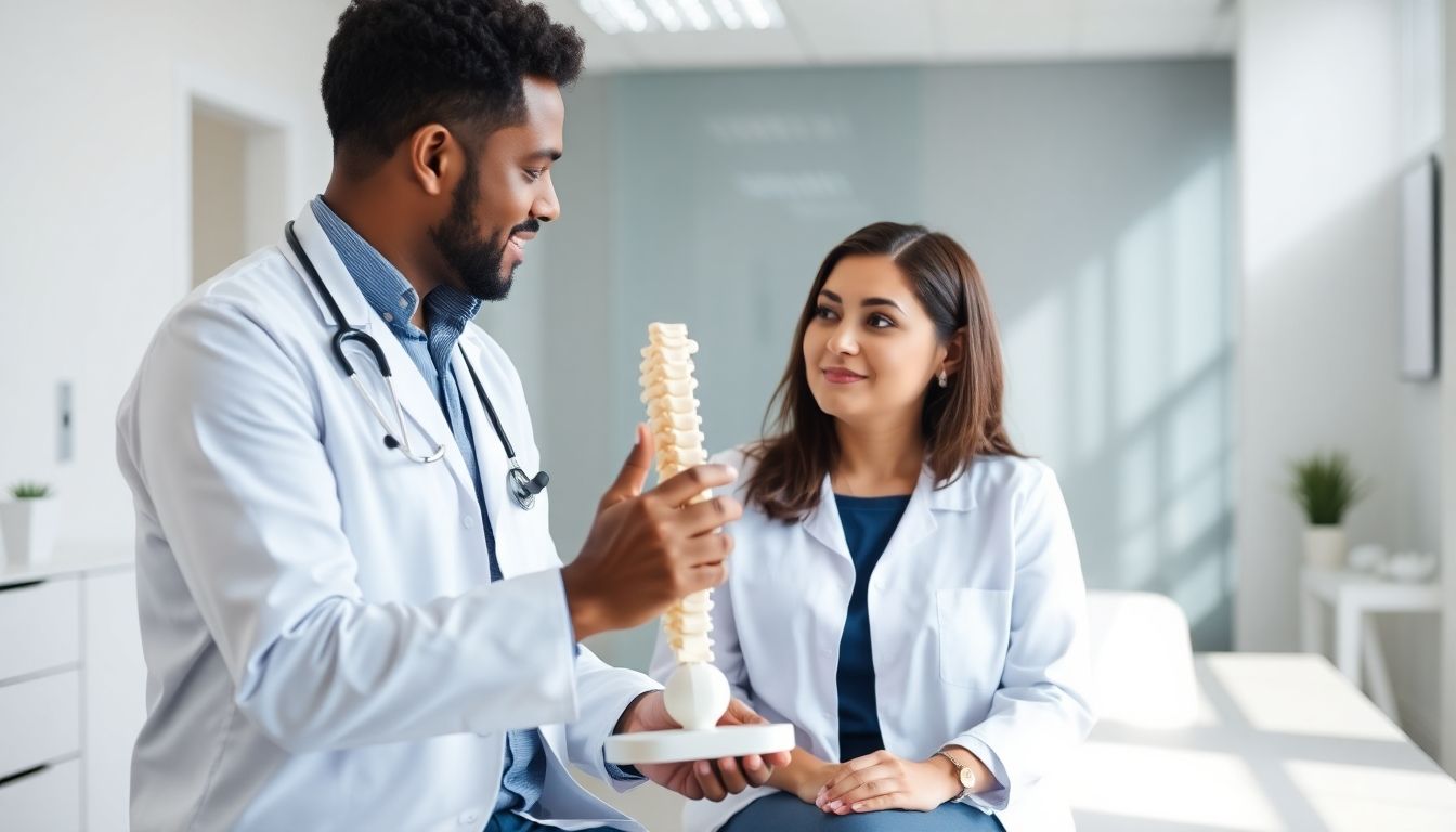 Morbus Scheuermann im Erwachsenenalter: Doctor and patient in a bright clinic discussing health.