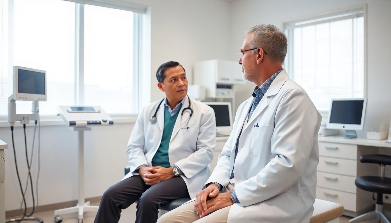 Staphylokokken: Doctor consulting with patient in a bright medical office.