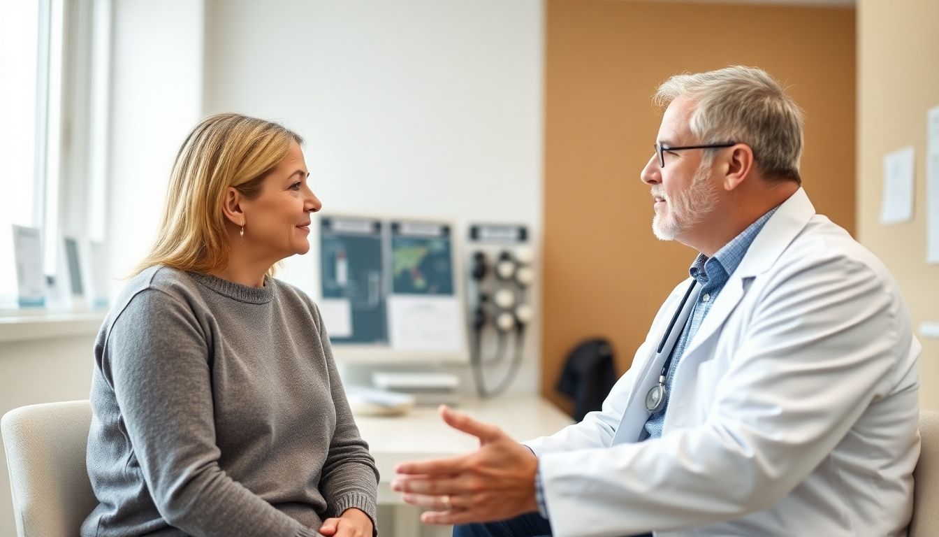 Prävention von Morbus Sudeck: Doctor and patient in a bright medical practice.
