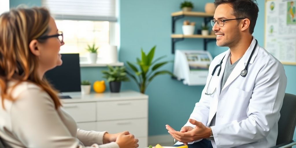 Ernährungstipps bei Gastritis: Patient und Arzt in einer hellen Arztpraxis.