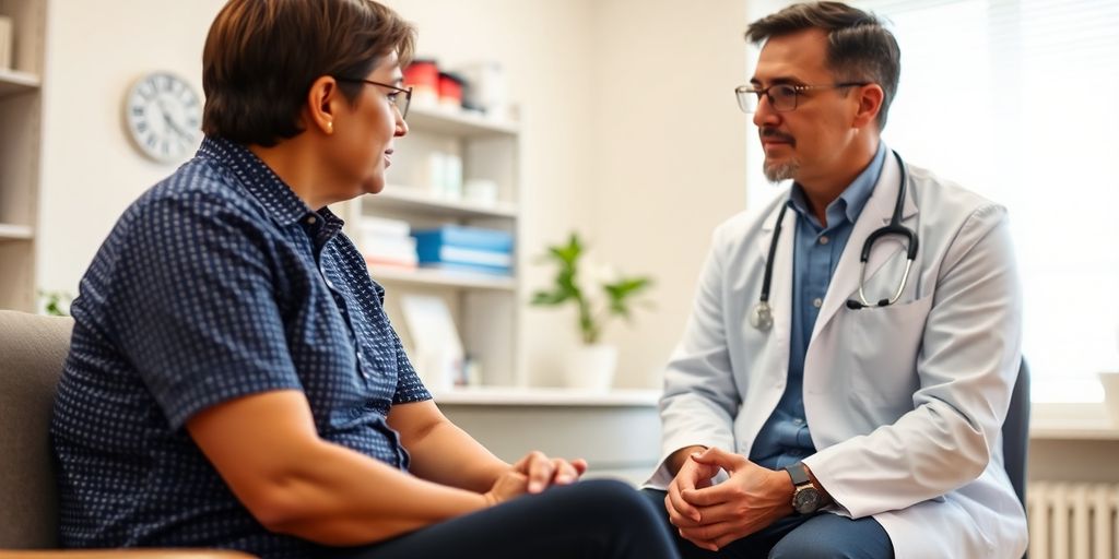 Gastritis: Patient und Arzt in einer hellen Arztpraxis.