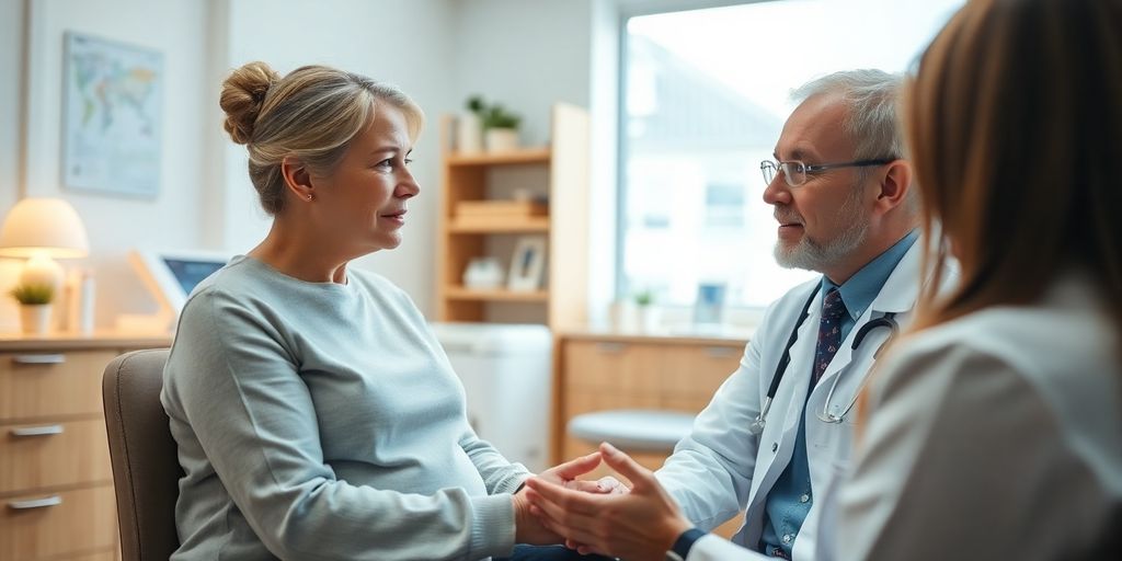Frühgeburt: Patient und Arzt in einer hellen Arztpraxis.