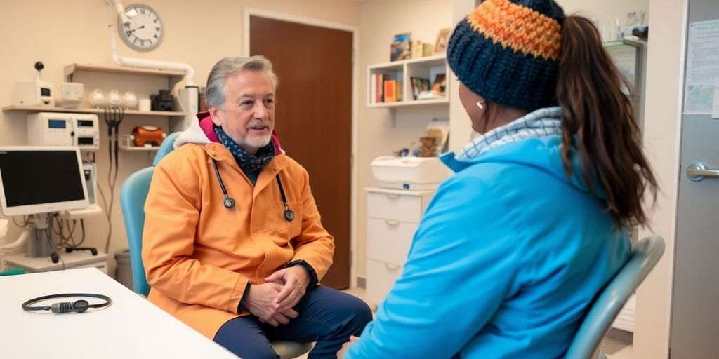 Patient und Arzt im Gespräch über Erfrierungen.