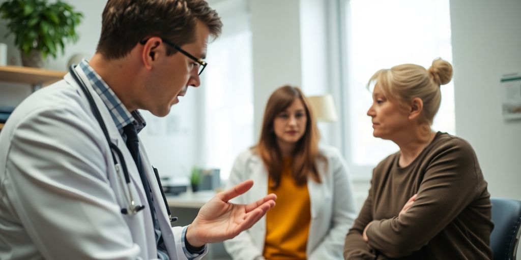 Patient und Arzt im hellen medizinischen Raum sprechen über Hexenschuss.