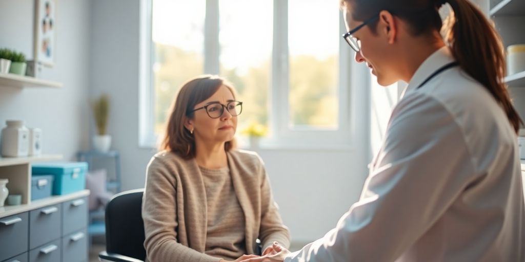 Heuschnupfen und psychische Gesundheit: Patient und Arzt in einer hellen Arztpraxis.