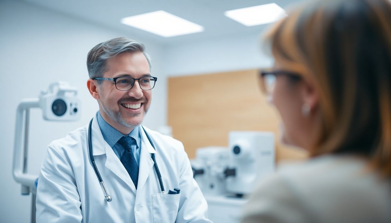 Glaukom und Augenarztbesuche: Arzt und Patientin in Praxis.