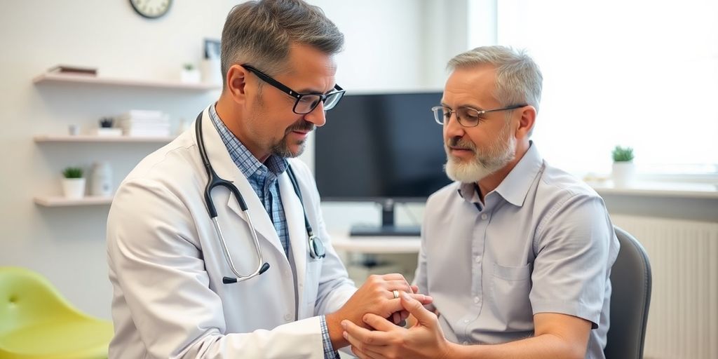 Arzt untersucht verletzten Finger eines Patienten in Praxis.