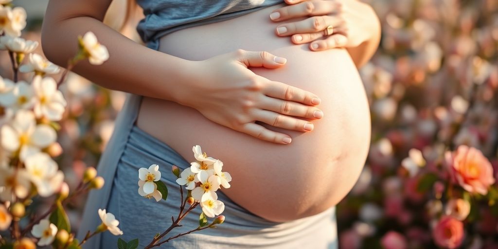 Kreuzallergien und ihre Auswirkungen auf die Schwangerschaft: Schwangere Frau mit Blumen im Hintergrund, sanfte Beleuchtung.