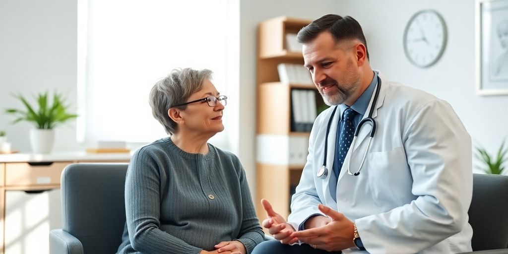 Morbus Crohn: Patient und Arzt in heller Arztpraxis während der Untersuchung.