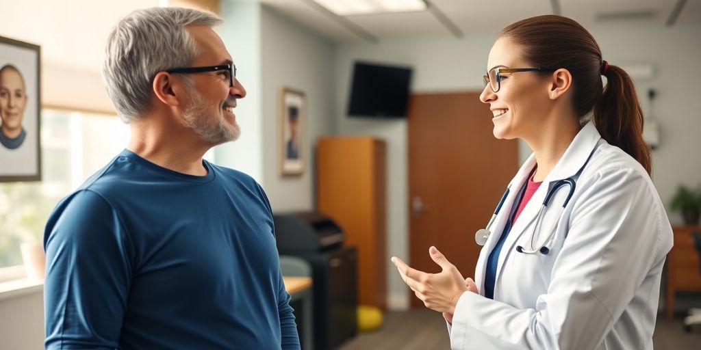 Marfan Syndrom: Patient und Arzt im hellen medizinischen Raum.