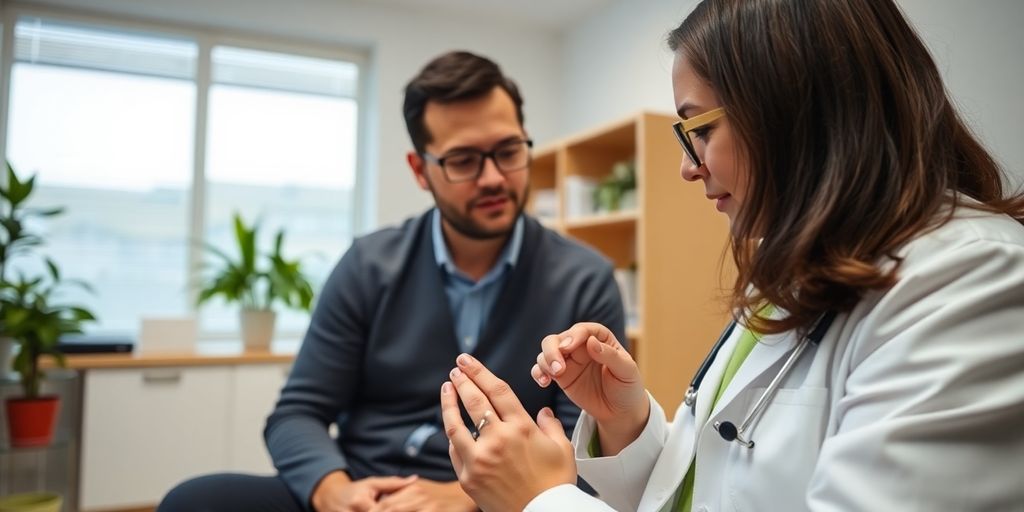 Nagelpilz und psychische Gesundheit: Patient und Arzt in einer hellen Praxis bei Beratung.