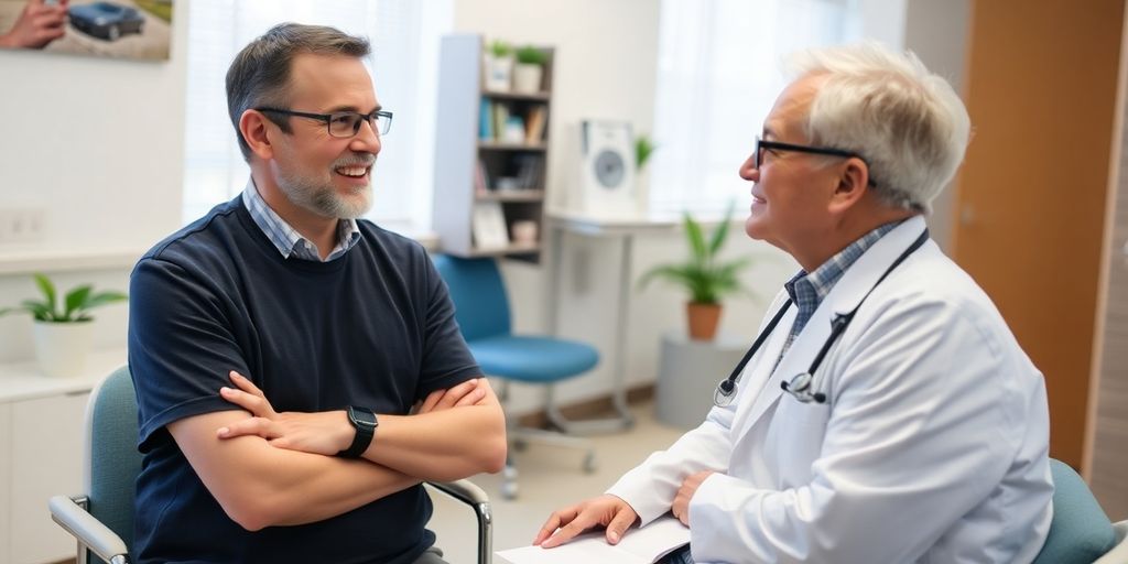 Sonderformen des multiplen Myeloms: Patient und Arzt in einer hellen Arztpraxis.